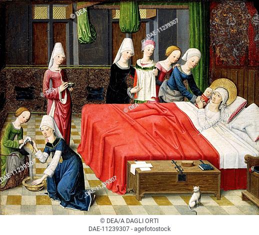 Birth of Mary, scene from Stories of the life of Mary, 1485, by the Master of the Stories of Mary in Aachen (active 15th century), oil on panel