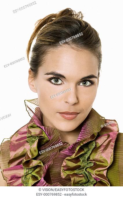 studio shot portrait of a beautiful brunette green eyes young woman on white background wearig silk scarf