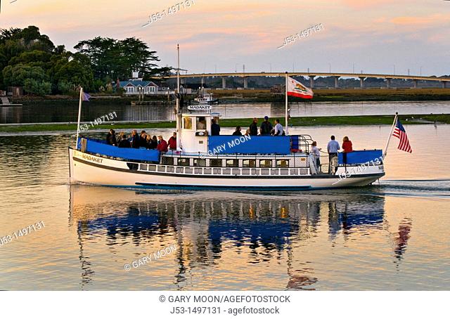 Sunset cruise on historic Madeket tour boat, oldest vessel in continuous operation in California, Humboldt Bay, Eureka California