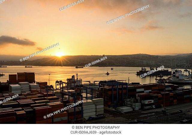 View of city and ports at dawn from Paseo 21 de Mayo, Cerro Playa Ancha, Valparaiso, Central Coast, Chile
