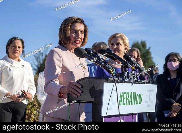 Speaker of the United States House of Representatives Nancy Pelosi (Democrat of California) offers remarks during a press conference on certification of the...