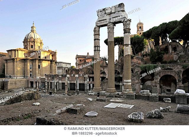 Church of Santi Luca e Martina and three pillars of the Temple of Venus Genetrix, Via dei Fori Imperiali, Rome, Lazio, Italy, Europe