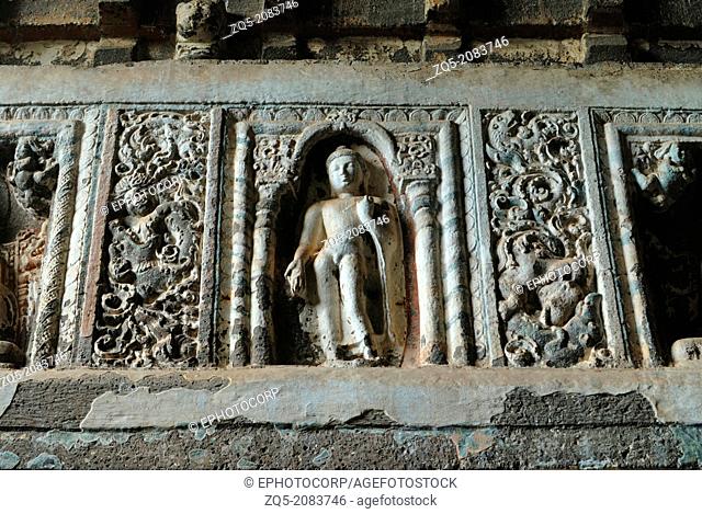 Cave 19: Buddha in different poses on pillars. Ajanta Caves, Aurangabad, Maharashtra, India
