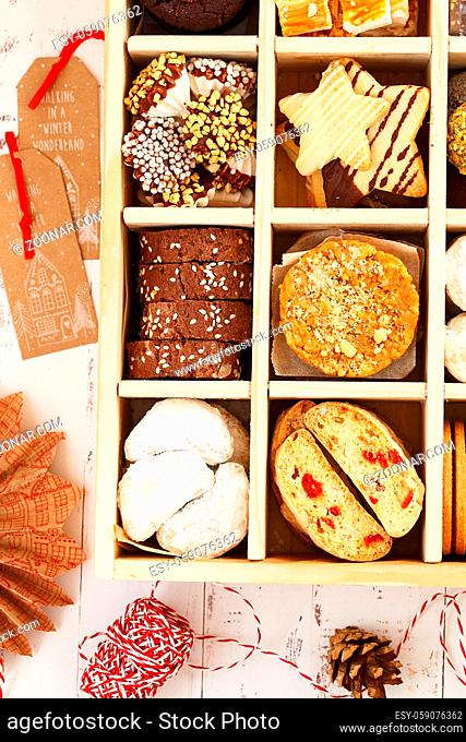 Christmas Shortbread Biscuits Cookies Assortment. Holiday Cookie Box. Assorted Christmas homemade cookies in wooden box. Sweet biscuits in a big wooden box