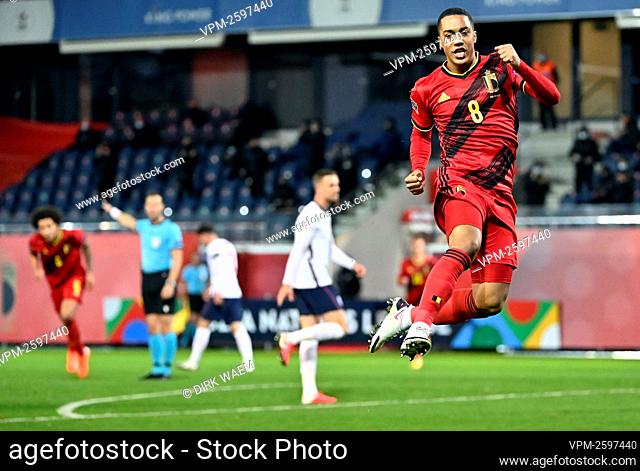 Belgium's Youri Tielemans celebrates after scoring during a Nations League soccer game between the Belgian national team Red Devils and England