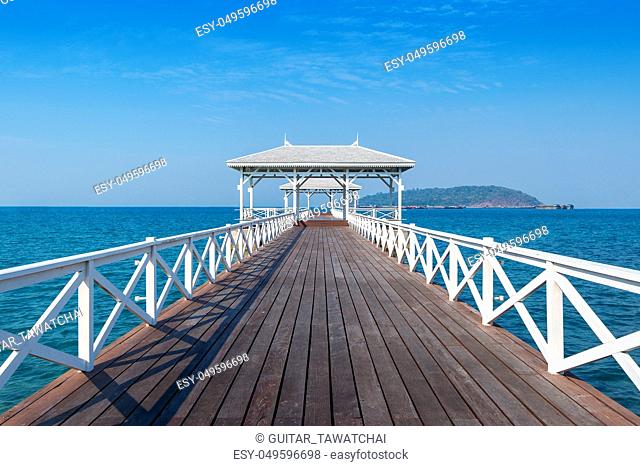 Wood waterfront pavilion in Koh si chang island, Thailand. AsDang Bridge
