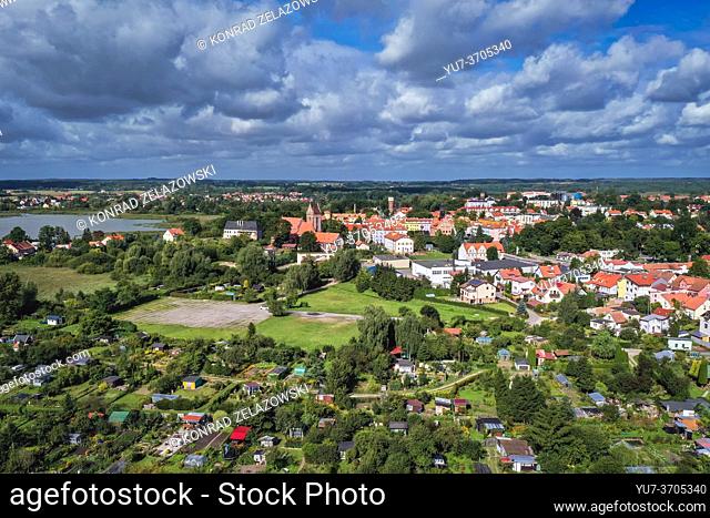 Aerial view of Morag town, Ostroda County in the Warmian-Masurian Voivodeship of northern Poland
