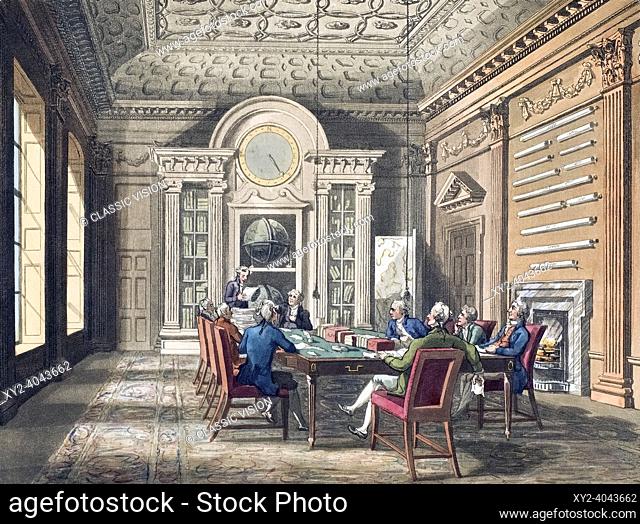 Board room of the Admiralty. Circa 1808. After a work by August Pugin and Thomas Rowlandson in the Microcosm of London, published in three volumes between 1808...