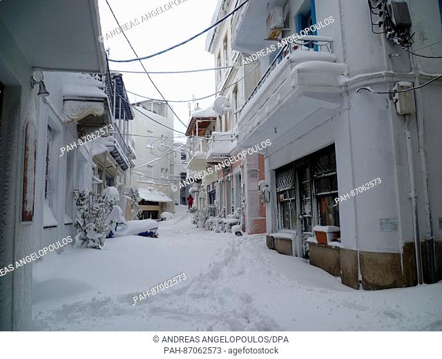Winter has taken hold of the habour town of Skopelos on the island of Skopelos, Greece 08 January 2017. Unusually severe winter weather has caused chaos over...