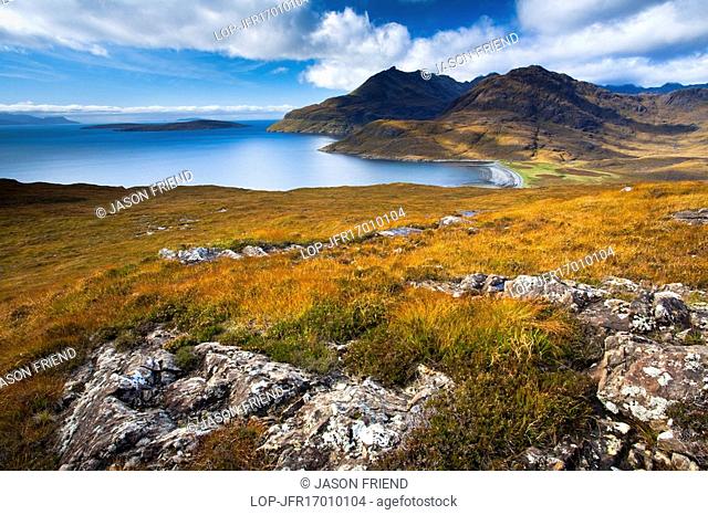 Scotland, Highland, Loch Scavaig. Looking across Loch Scavaig towards the Cuillin Hills and the Isle of Soay