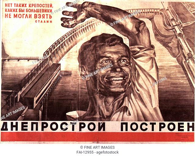 The Dneprostroy has been built. Strakhov-Braslavsky, Adolf Iosifovich (1896-1979). Colour lithograph. Soviet political agitation art. 1932