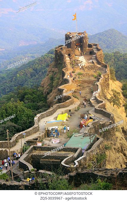 Aerial view of Pratapgad fort, Satara. Pratapgad literally Valour Fort is a large fort located in Satara district, in the Western Indian state of Maharashtra
