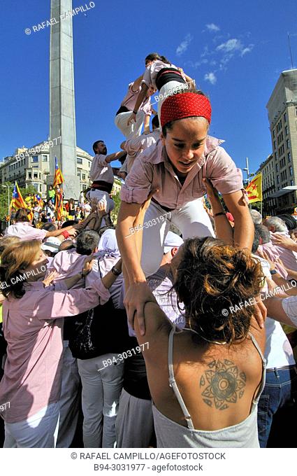 Political demonstration for the independence of Catalonia. Human towers. October 2017. Barcelona, Catalonia, Spain