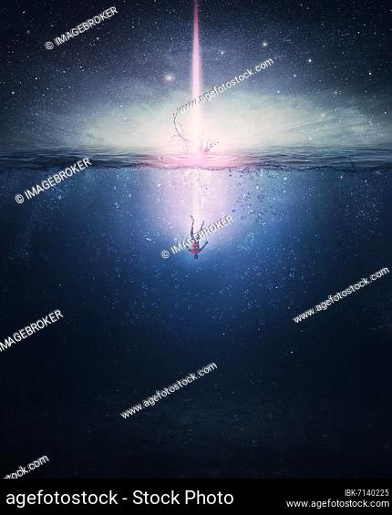 Surreal scene with a person falling underwater, like a comet from the night sky crashing into the ocean waters. Fantasy and mystical concept, magical adventure