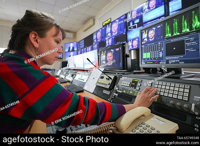RUSSIA, ROSTOV-ON-DON - DECEMBER 14, 2023: An employee is at work at a control room of the GTRK Don-TR broadcasting company during a broadcast of an annual...