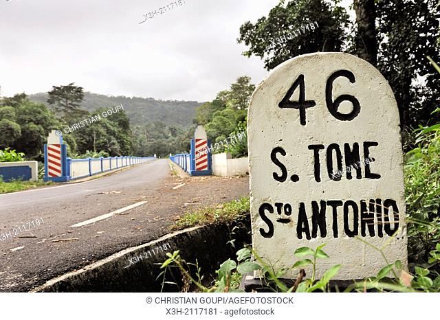 kilometre-marker on the road toward the south, Sao Tome Island, Republic of Sao Tome and Principe, Africa