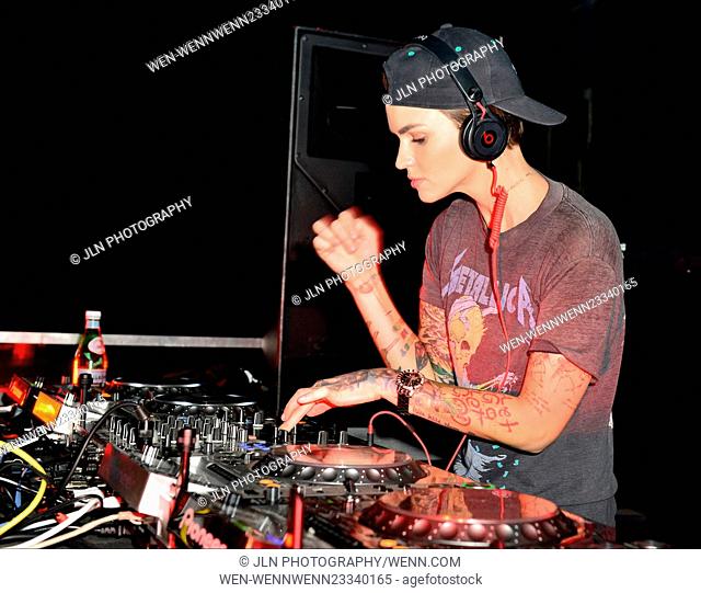 Ruby Rose shows off her array of tattoos in a Metallica t-shirt as she performs a DJ set at the grand opening of ICON Miami Featuring: Ruby Rose Where: Miami...