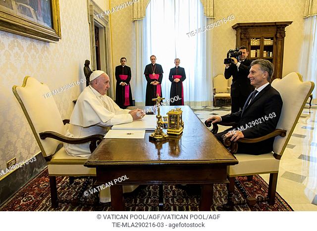 Pope Francis and President of Argentine Mauricio Macri during the audience, Vatican City, Rome, ITALY-27-02-206  Journalistic use only Journalistic use only