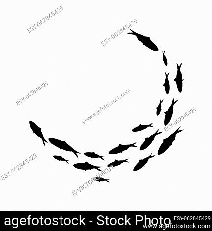 School of fish. A group of silhouette fish swim in a circle. Marine life. Tattoo. Logo fishes. Vector