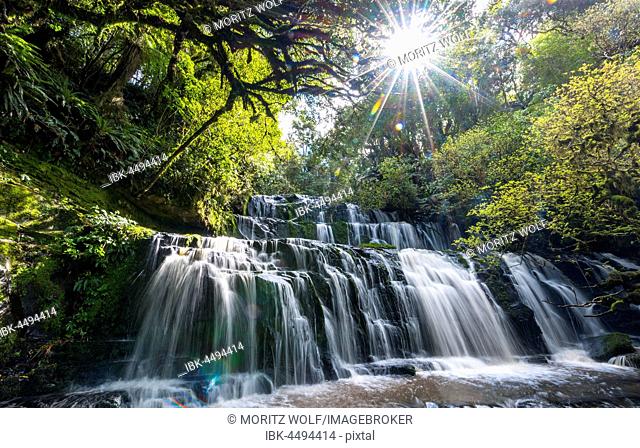 Purakaunui Falls, waterfall, Sun Star, The Catlins, Otago, Southland, New Zealand