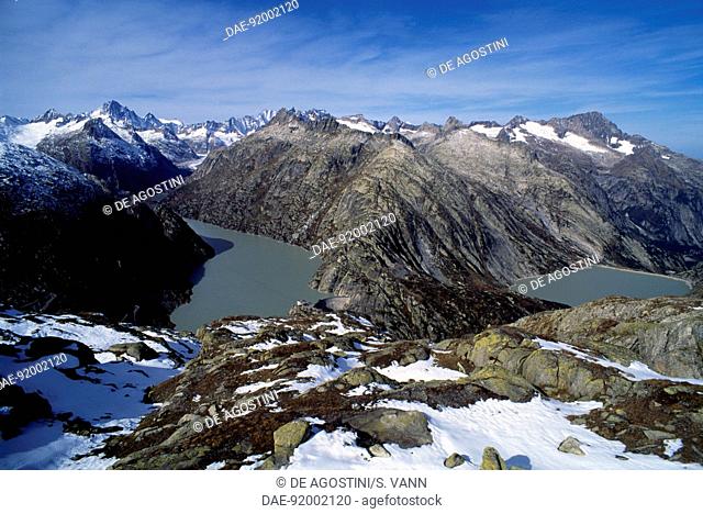 The Grimselsee, left, and Raterichsbodensee, Grimsel Pass, Canton of Berne, Switzerland
