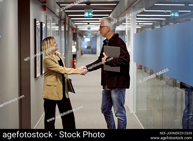Businessman and businesswoman greeting each other
