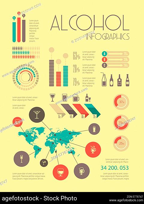 Flat Alcohol Infographic Elements plus Icon Set. Vector