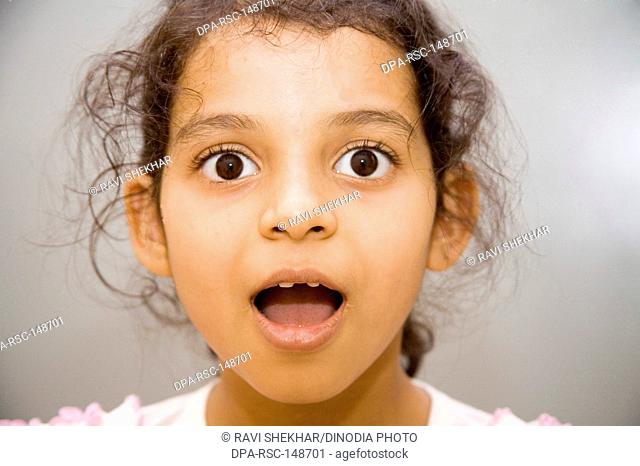 10 years old girl Sanchi with surprised face ; Bombay now Mumbai ; Maharashtra ; India MR202
