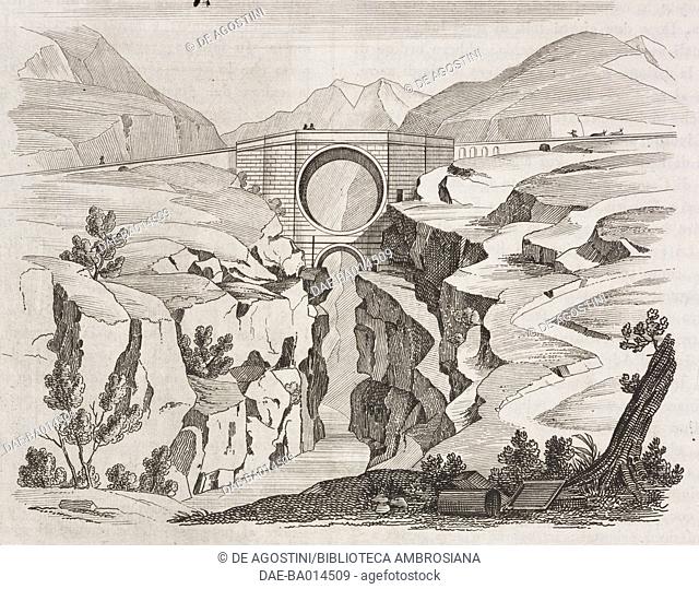 Splinter's bridge, known as a barrel bridge, Umbria, Italy, engraving from L'album, giornale letterario e di belle arti, Saturday, January 16, 1836, Year 2