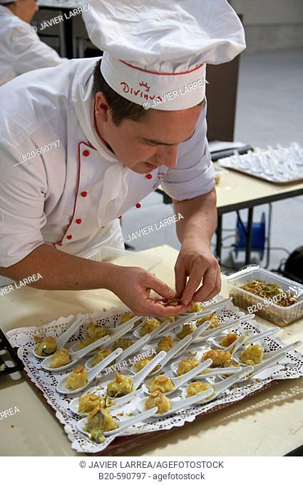 Codfish, preparing canapes, Divinus Catering, San Sebastian, Donostia, Gipuzkoa, Basque Country