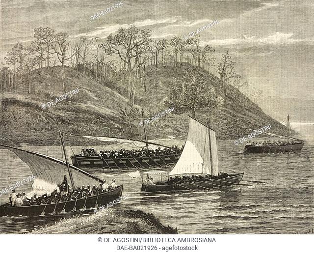 Setting out from M'sehazy haven to cross Lake Tanganyika, Henry Morton Stanley's Anglo-American expedition for the exploration of Central Africa, 1874-77