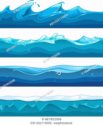 Seamless ocean, sea, water waves vector backgrounds set for ui game in cartoon design style. Nature interface graphic curve storm flow illustration