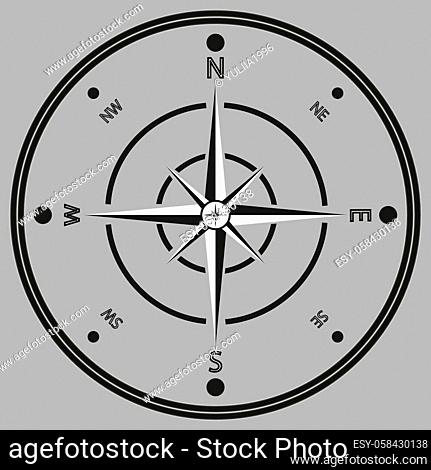 Black and white image of a compass in a flat rear. Isolated on gray background. Vector illustration
