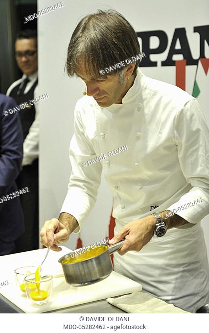 Showcooking and food experience of the chef Davide Oldani for the event Panorama d'Italia. Milan, Italy. 16th October 2016