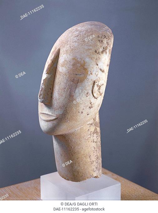 Cycladic civilization. Parian marble head of idol. From Amorgos Island, Greece.  Athens, Ethnikó Arheologikó Moussío (National Archaeological Museum)