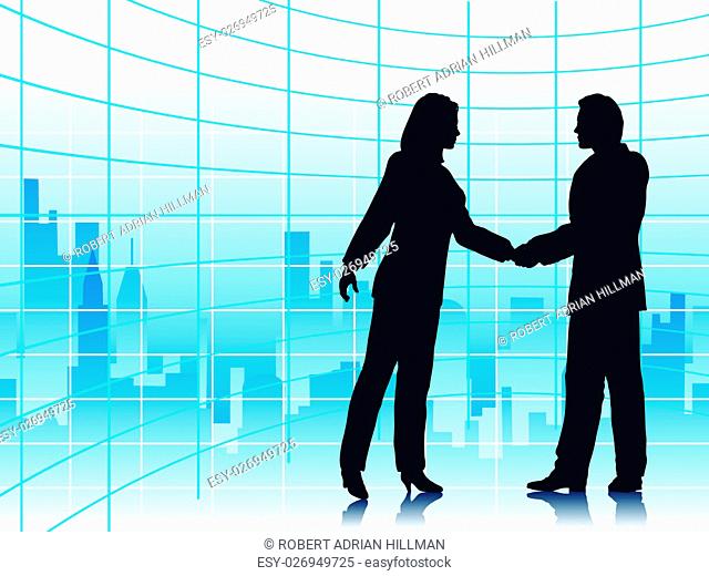 Editable vector illustration of business people shaking hands with a city background