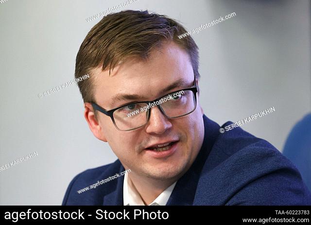 RUSSIA, MOSCOW - JULY 3, 2023: Detensor Russia head Anton Balakirev at a press conference for the forthcoming 10th International Massage and Aesthetics...
