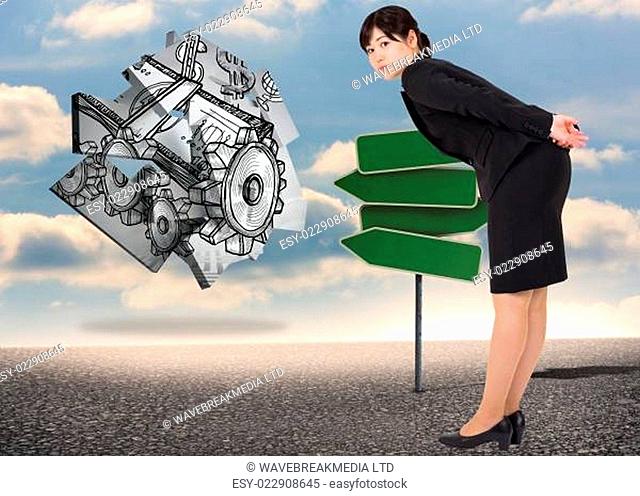 Composite image of businesswoman bending