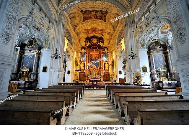 Nave and main altar of the basilica of Kloster Benediktbeuern monastery, district of Bad Toelz-Wolfratshausen, Bavaria, Germany, Europe