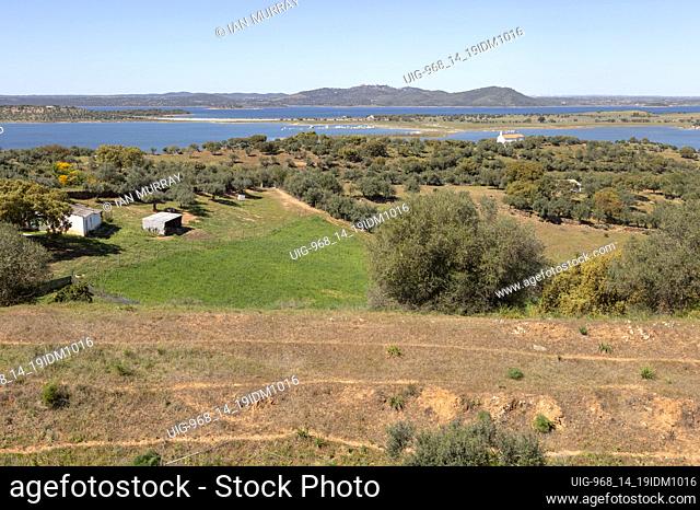 Landscape view northwards towards hills and Monsaraz from Mourão , Alentejo Central, Evora district, Portugal, southern Europe