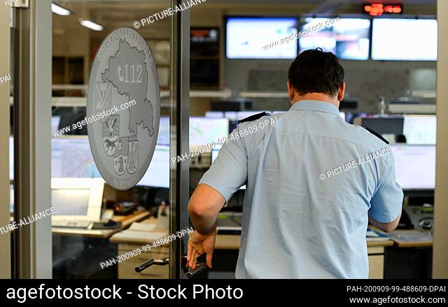 09 September 2020, Brandenburg, Potsdam: View into the control center of the professional fire brigade Potsdam. Brandenburg takes part in the first nationwide...