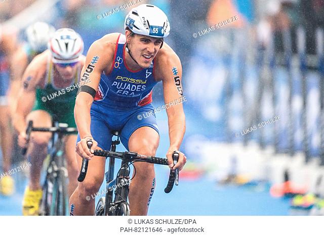 Anthony Pujades (France) cycling in the 7th station of the men's triathlon at the World Triathlon Series in Hamburg,  Germany, 16 July 2016