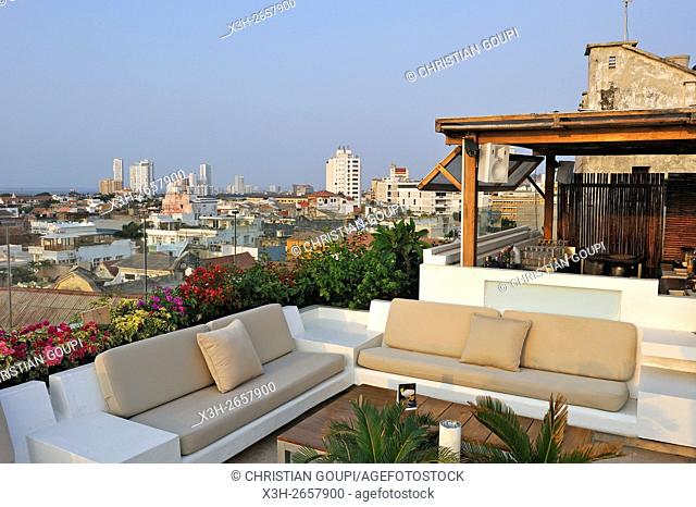 terrace on the top of the Movich Hotel in the downtown colonial walled city, Cartagena, Colombia, South America