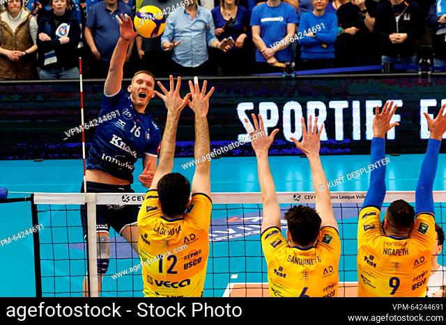 Roeselare's Pablo Sergio Koukartsev, Modena's Adis Lagumdzija, Modena's Giovanni Sanguinetti and Modena's Earvin Ngapeth fight for the ball during a volleyball...