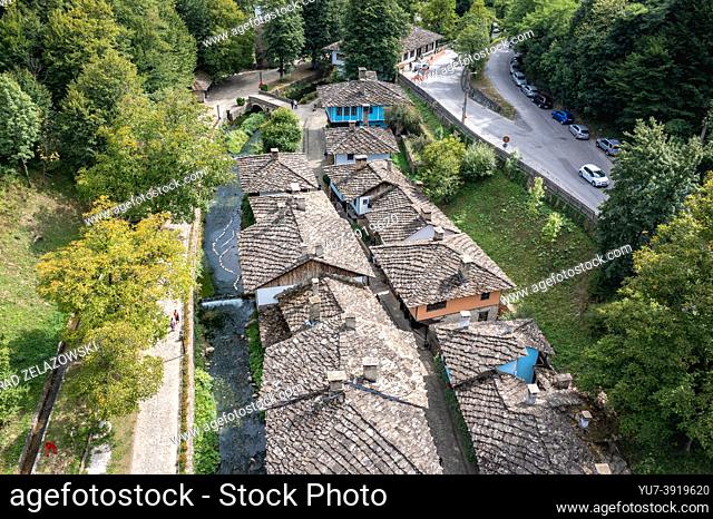 Aerial view of Etar Architectural and Ethnographic Complex near Gabrovo town in northern Bulgaria