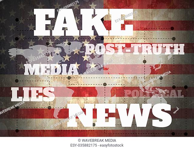 Fake news and associated text over world map and USA flag