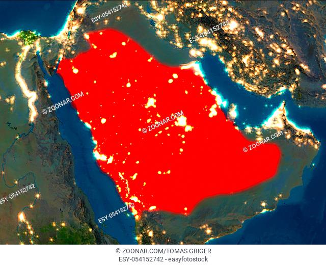 Satellite night view of Saudi Arabia highlighted in red on planet Earth. 3D illustration. Elements of this image furnished by NASA