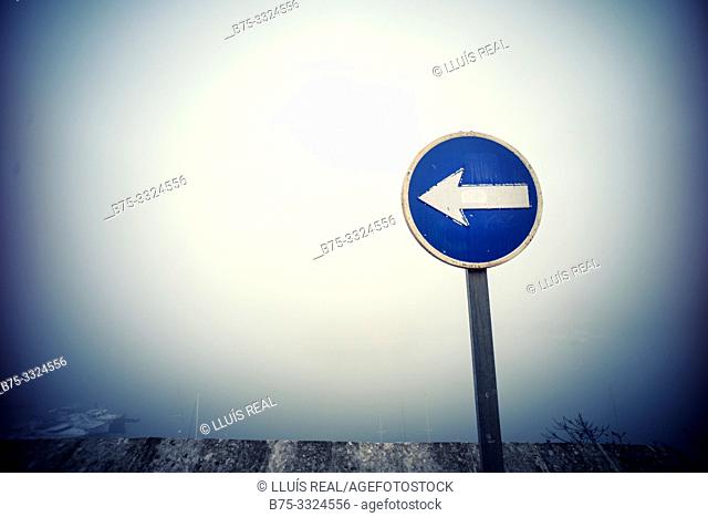 Traffic sign single direction Mahon Menorca, Balearic Islands, Spain, Europe