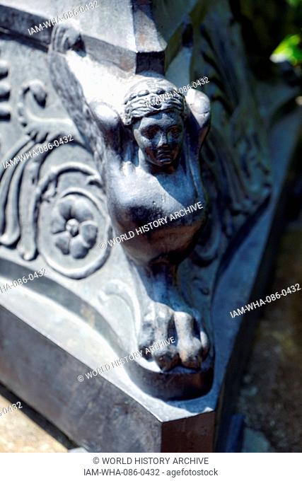 Detail of an urn within the gardens of Waddesdon Manor, a country house in the village of Waddesdon. Built in the Neo-Renaissance style of a French château for...
