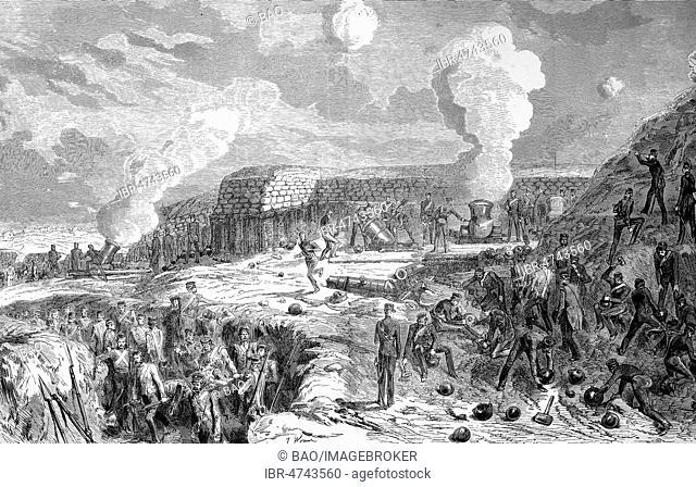 Bombardment of Sebastopol or Sevastopol in the Crimean War 1853-56, mortar battery of the English, left of the Karabelnaya Gorge